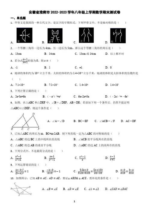 安徽省淮南市2022-2023学年八年级上学期数学期末试题(含答案)