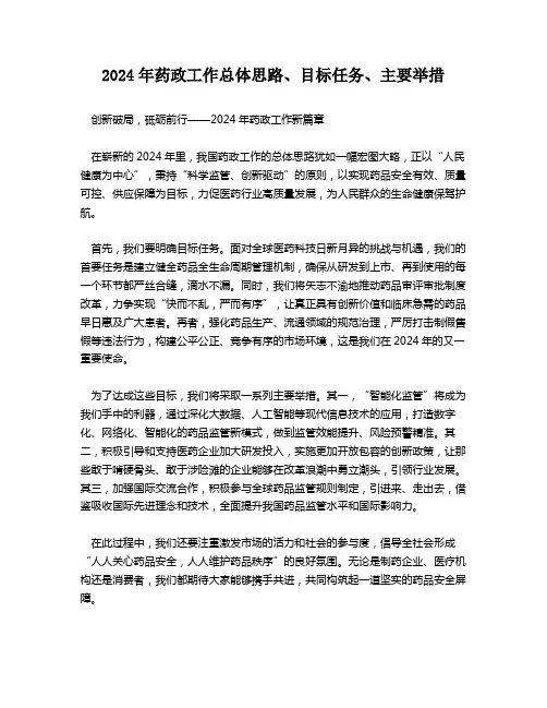 2024年药政工作总体思路、目标任务、主要举措