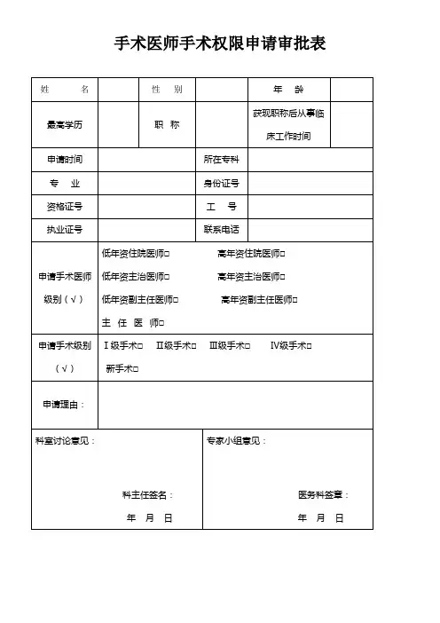 手术权限申请审批表及手术资质授权书