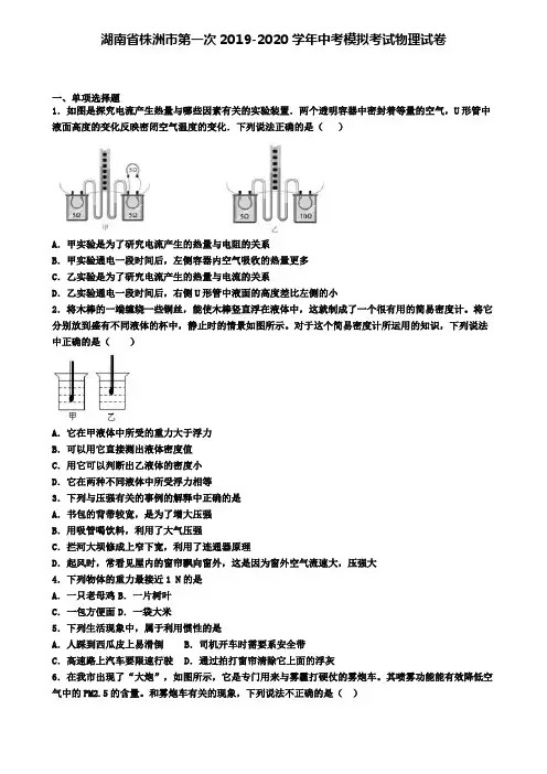 湖南省株洲市第一次2019-2020学年中考模拟考试物理试卷