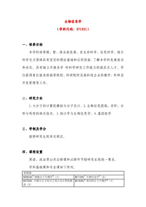 生物信息学 (学科代码：071021)