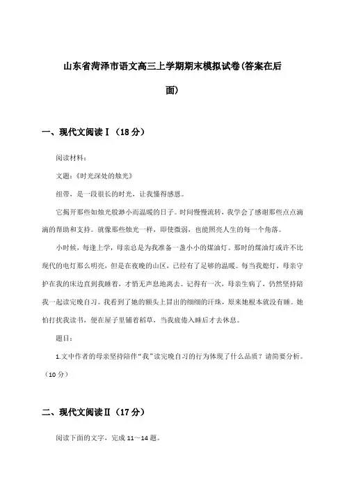 山东省菏泽市语文高三上学期期末试卷与参考答案