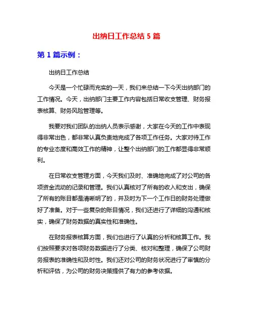 出纳日工作总结5篇