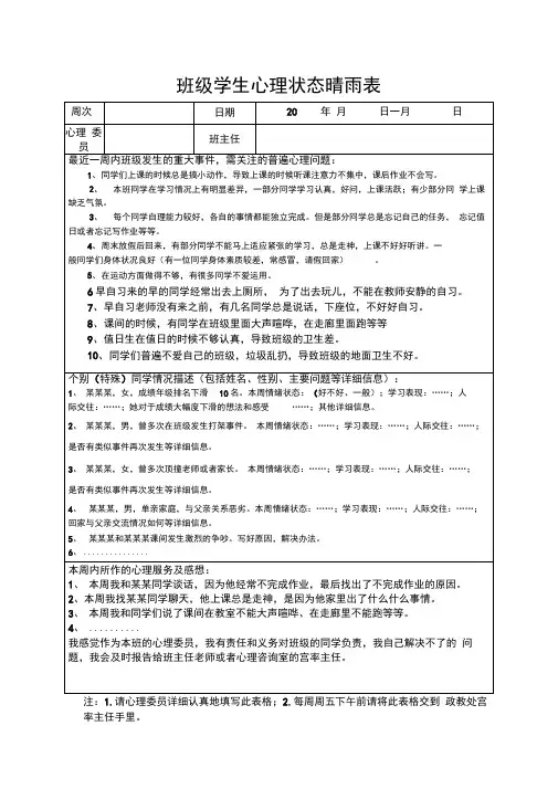 小学班级心理状态晴雨表填写模板