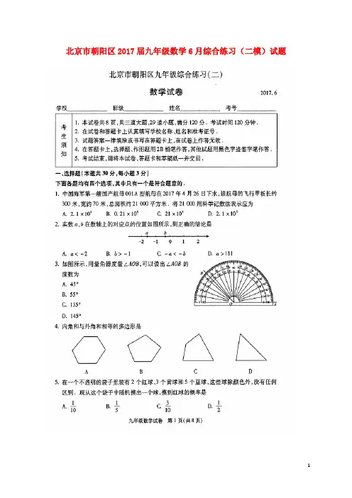 北京市朝阳区九年级数学6月综合练习(二模)试题(扫描版)