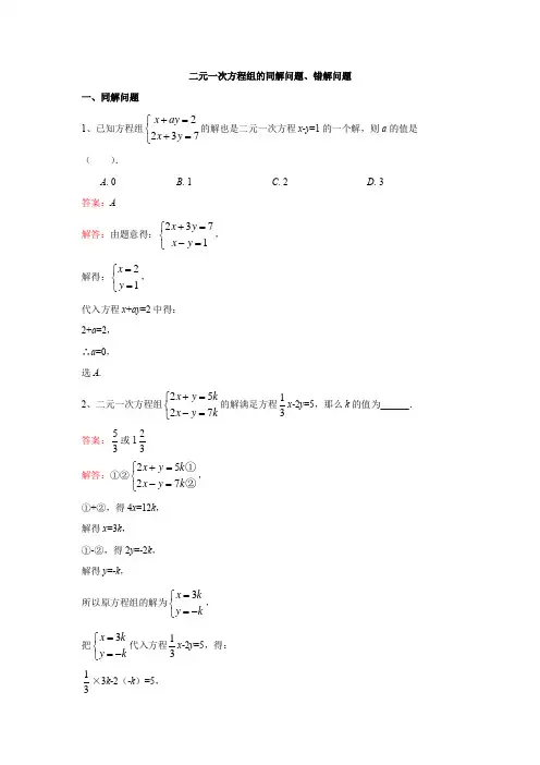 二元一次方程组的同解问题、错解问题(解析版)