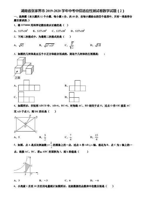 湖南省张家界市2019-2020学年中考中招适应性测试卷数学试题(2)含解析