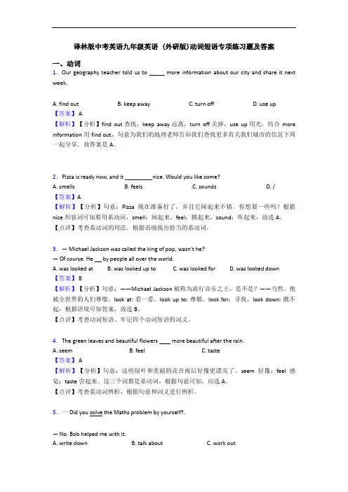译林版中考英语九年级英语 ()动词短语专项练习题及答案