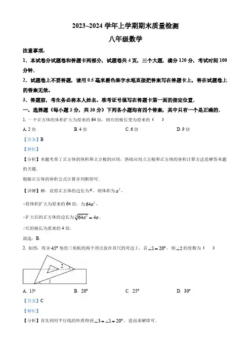河南省平顶山市汝州市2023-2024学年八年级上学期期末数学试题(解析版)
