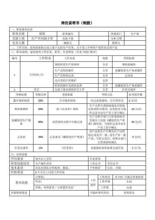 岗位说明书(制胶)