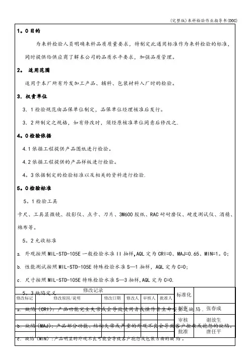 (完整版)来料检验作业指导书(DOC)
