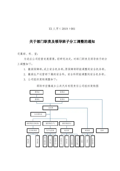 关于部门职责及领导班子分工调整的通知