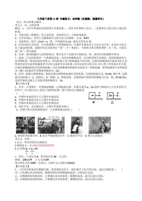八年级下册第11章 专题复习：功和能(机械能、能量转化