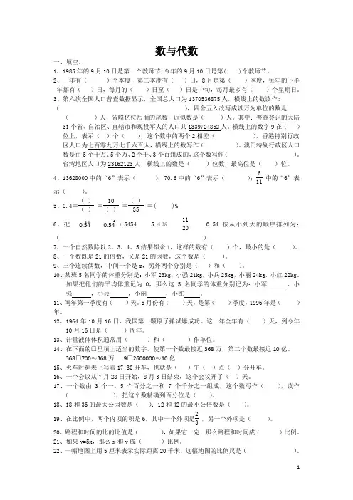 通用版小学六年级(小升初)数学下册总复习专题：数与代数 含答案