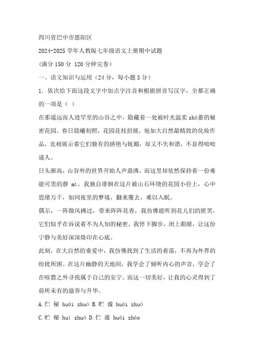 四川省巴中市恩阳区2024-2025学年七年级上学期期中考试语文试题(含答案)