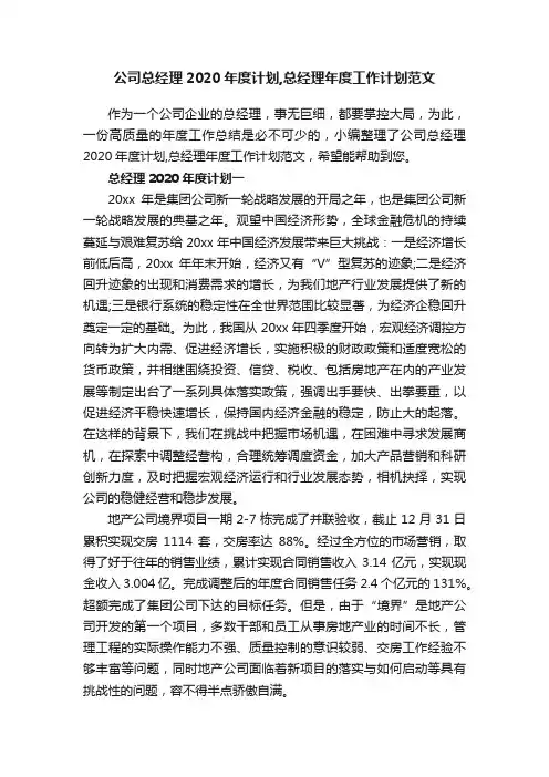公司总经理2020年度计划,总经理年度工作计划范文