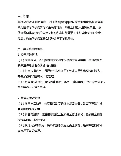幼儿园校园安全隐患排查表：安全防护全面卫士