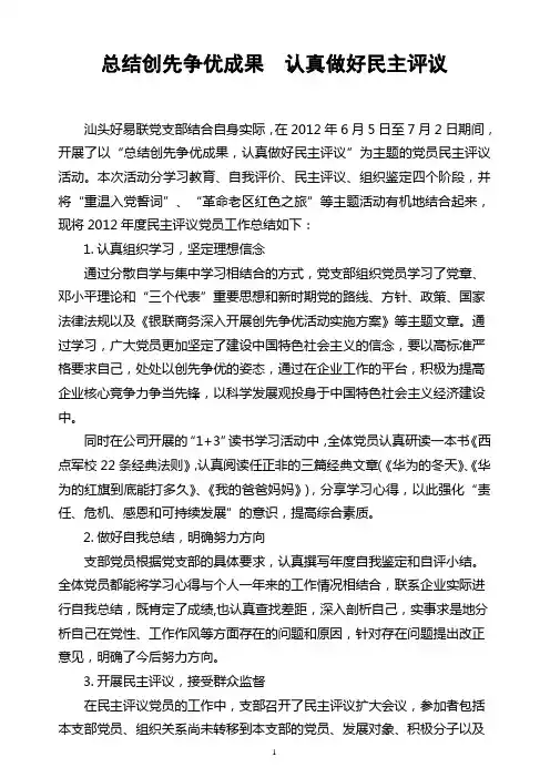 2012年民主评议总结
