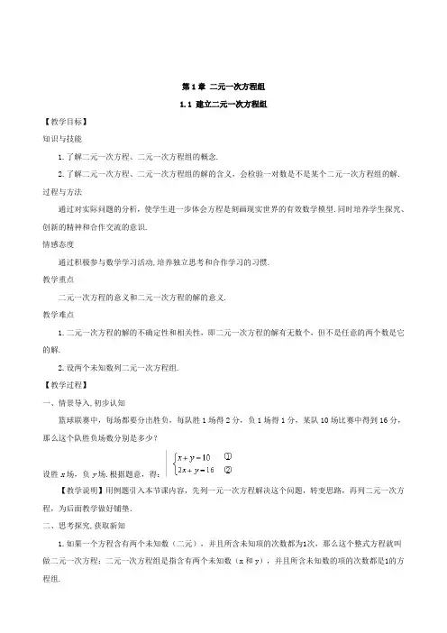 湘教版七年级数学下册1.1 建立二元一次方程组教案