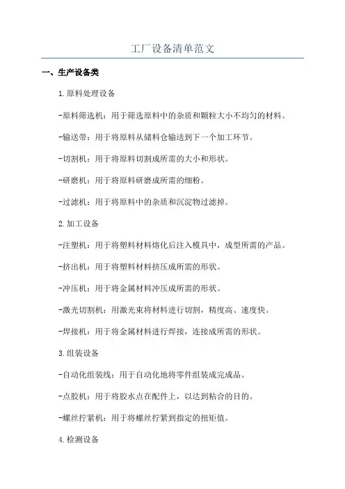 工厂设备清单范文
