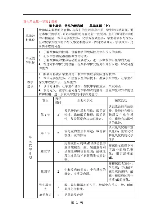 鲁教版九年级化学全册7.1酸及其性质(第一课时)教案