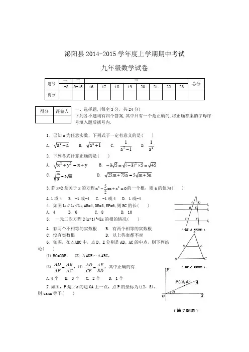 河南省泌阳县2014-2015学年度九年级上期中考试数学试卷及答案【新课标人教版】