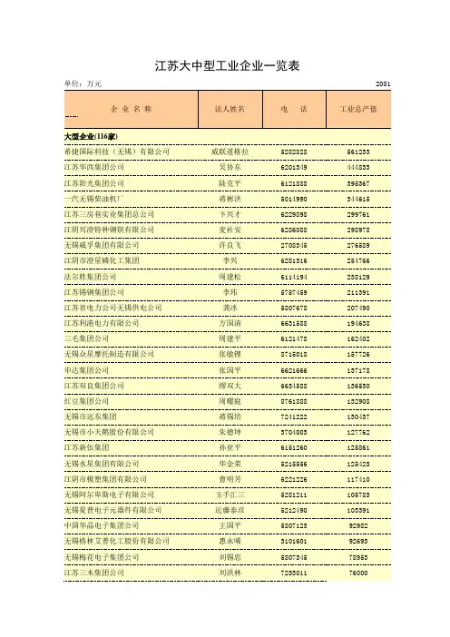 江苏大中型工业企业一览表