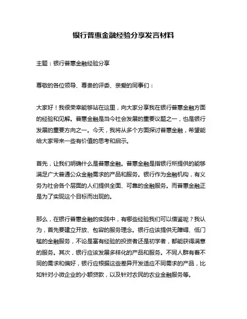 银行普惠金融经验分享发言材料