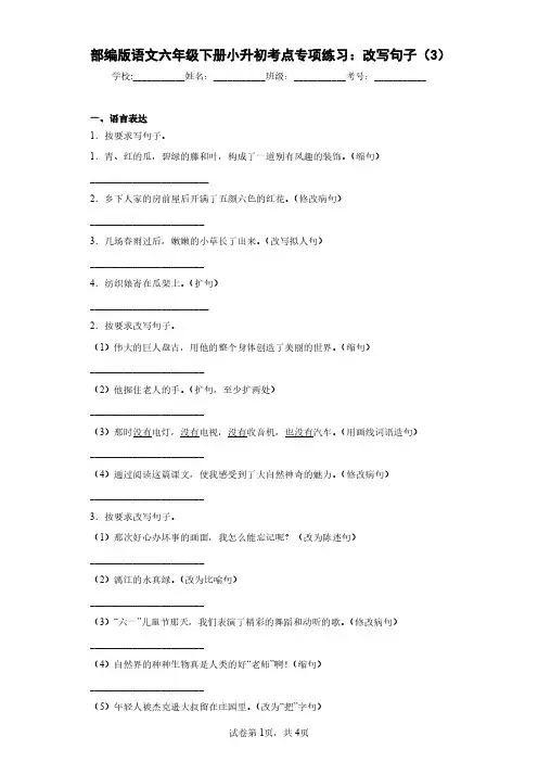 部编版语文六年级下册小升初考点专项练习：改写句子(3)(含答案解析)