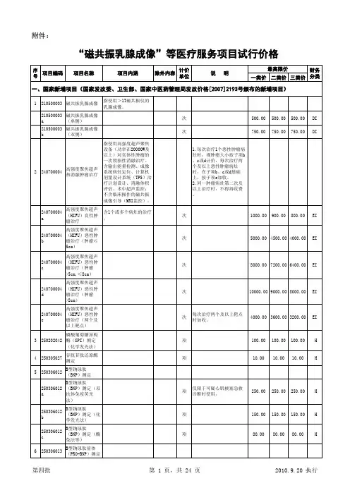 云南省医疗服务价格价格(第四批)
