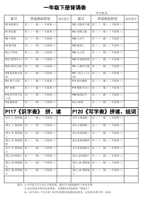 新版一年级上册语文背书表