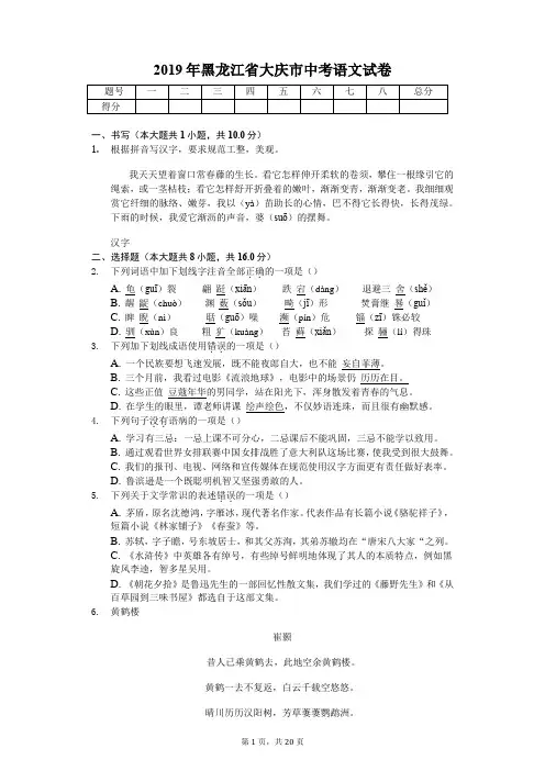 2019年黑龙江省大庆市中考语文试卷含答案解析
