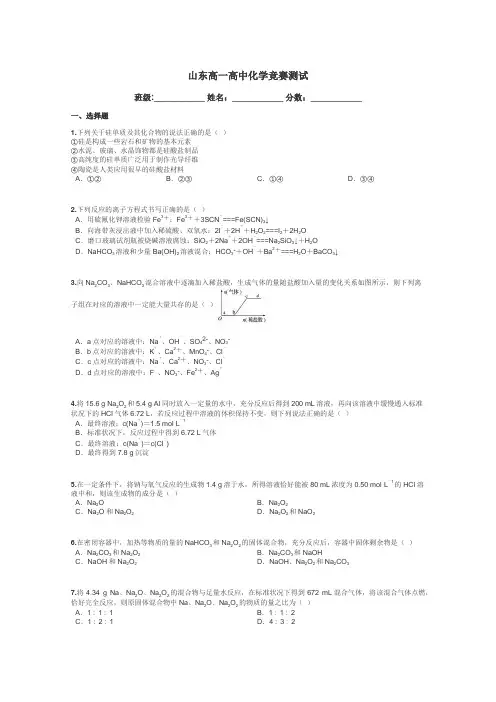 山东高一高中化学竞赛测试带答案解析
