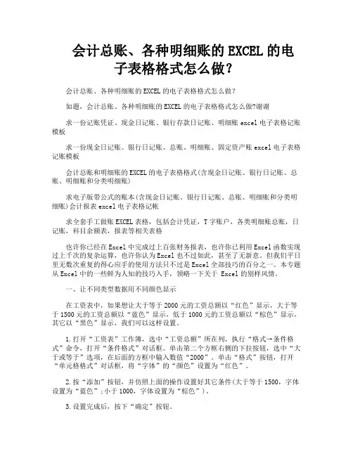 会计总账各种明细账的EXCEL的电子表格格式怎么做