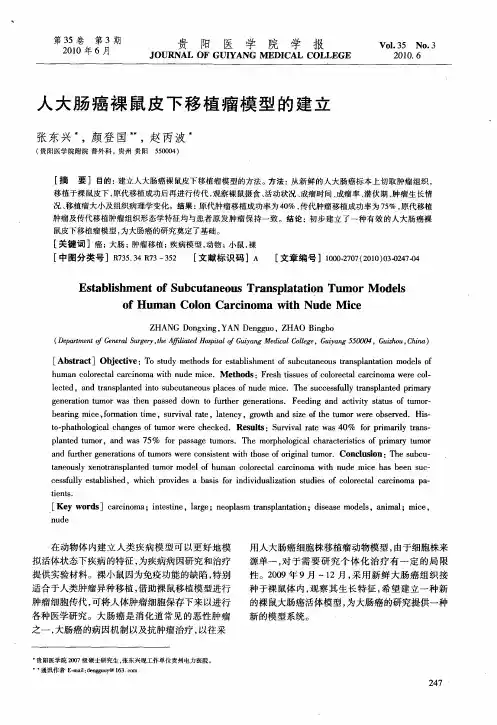 人大肠癌裸鼠皮下移植瘤模型的建立