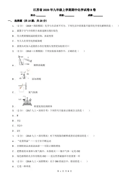 江苏省2020年九年级上学期期中化学试卷B卷(精编)