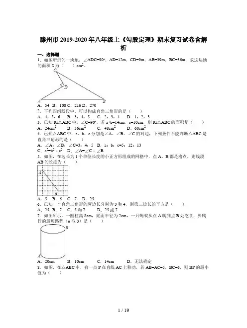 滕州市2019-2020年八年级上《勾股定理》期末复习试卷含解析