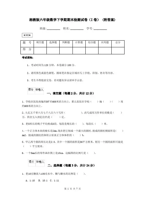 湘教版六年级数学下学期期末检测试卷(I卷) (附答案)
