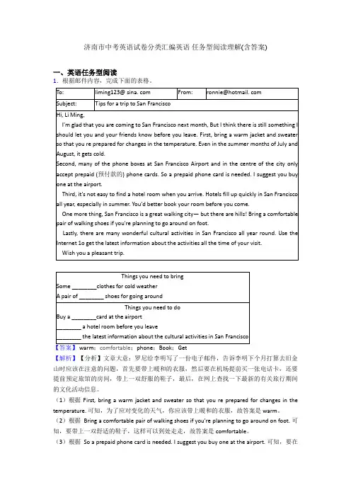 济南市中考英语试卷分类汇编英语 任务型阅读理解(含答案)