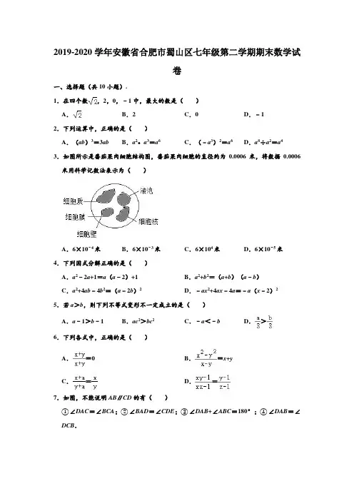 2019-2020学年安徽省合肥市蜀山区七年级下学期期末数学试卷 (解析版)
