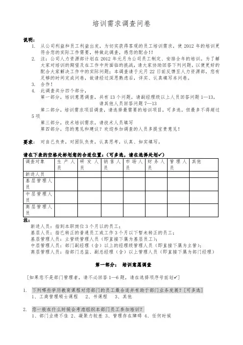 培训需求调查问卷