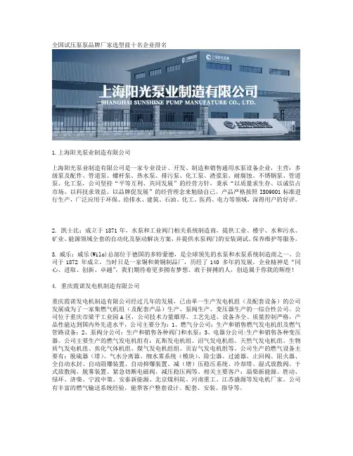 全国试压泵泵品牌厂家选型前十名企业排名