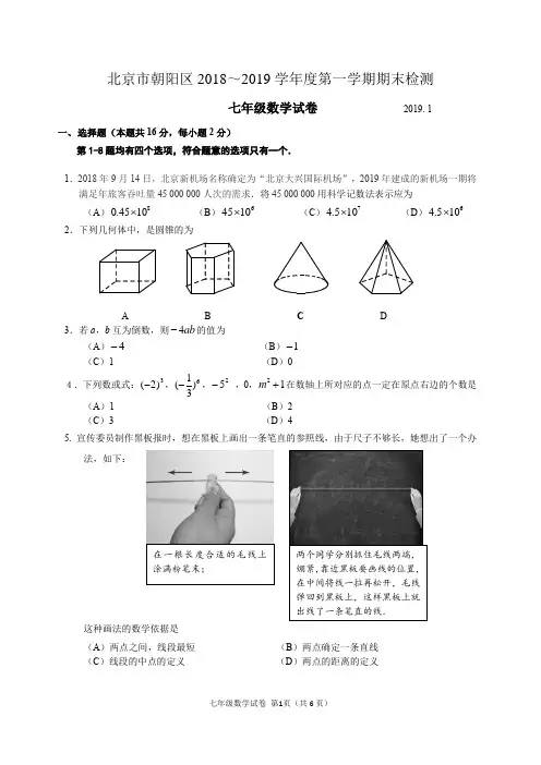北京市朝阳区七年级数学2018～2019第一学期期末检测(含答案)