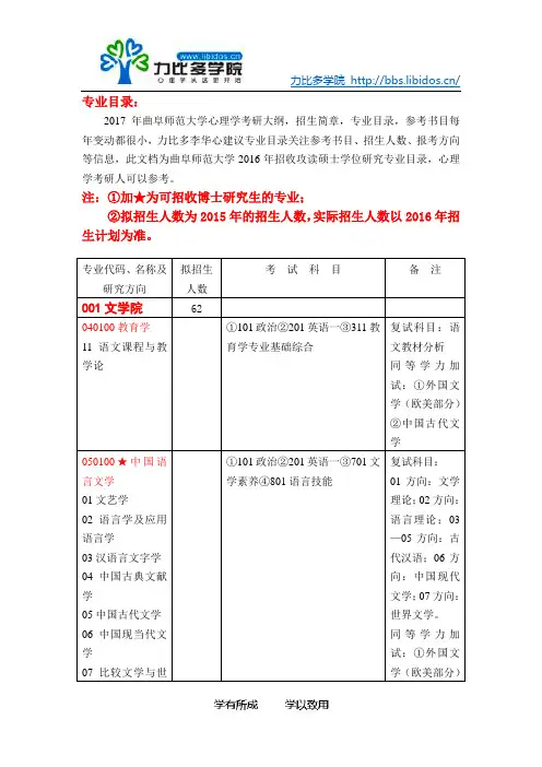 2017年曲阜师范大学心理学考研专业目录-学术型