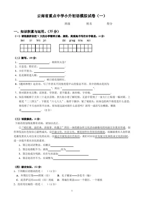 云南省重点中学小升初语文模拟试卷(一)