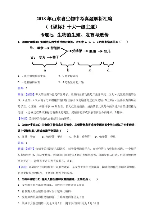 2018年山东省生物中考真题解析汇编专题七：生物的生殖、发育与遗传(解析卷)