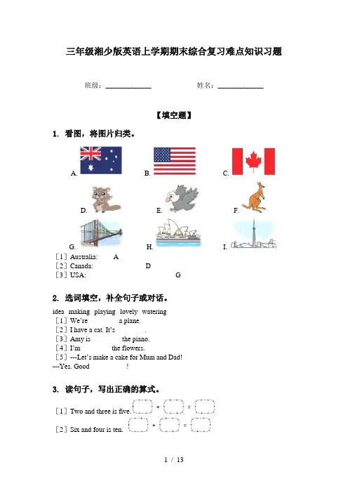 三年级湘少版英语上学期期末综合复习难点知识习题