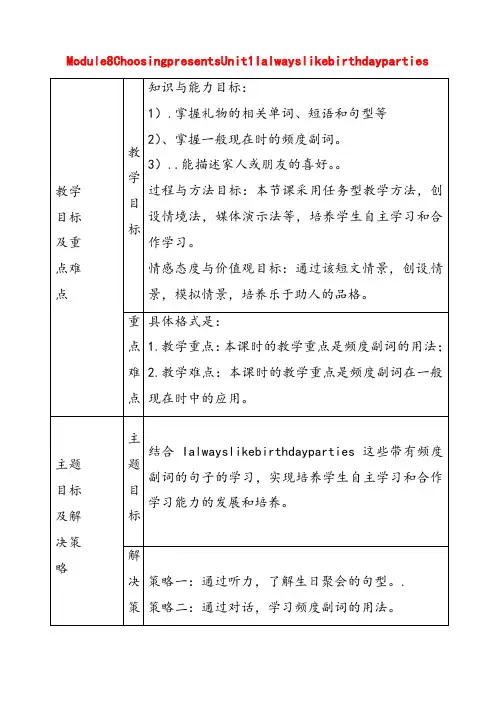 外研版七年级英语上册Module8ChoosingpresentsUnit1Ialwayslikebirthdayparties教案 (2)