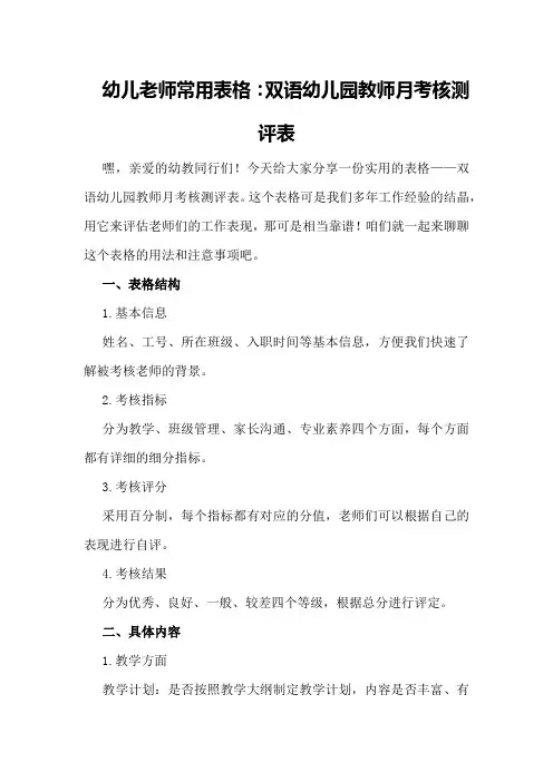 幼儿老师常用表格：双语幼儿园教师月考核测评表