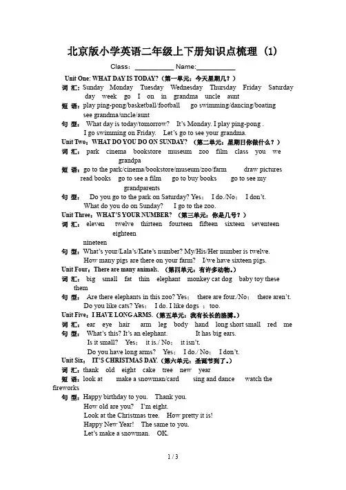 北京版小学英语二年级上下册知识点梳理 (1)
